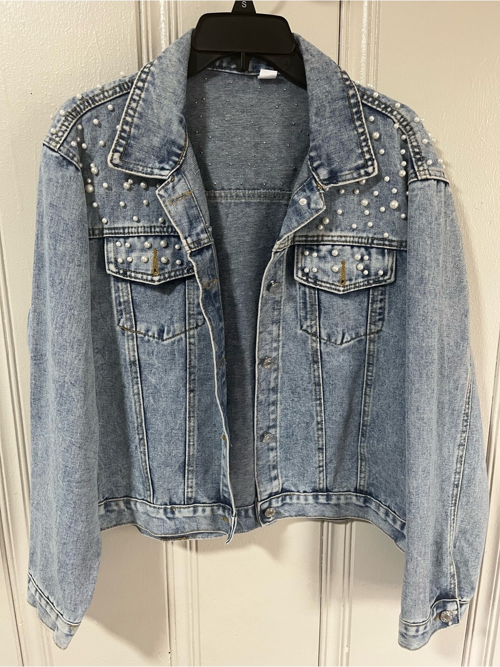 Light Wash Denim Jacket with Pearl Studs - Women's Jean Jacket